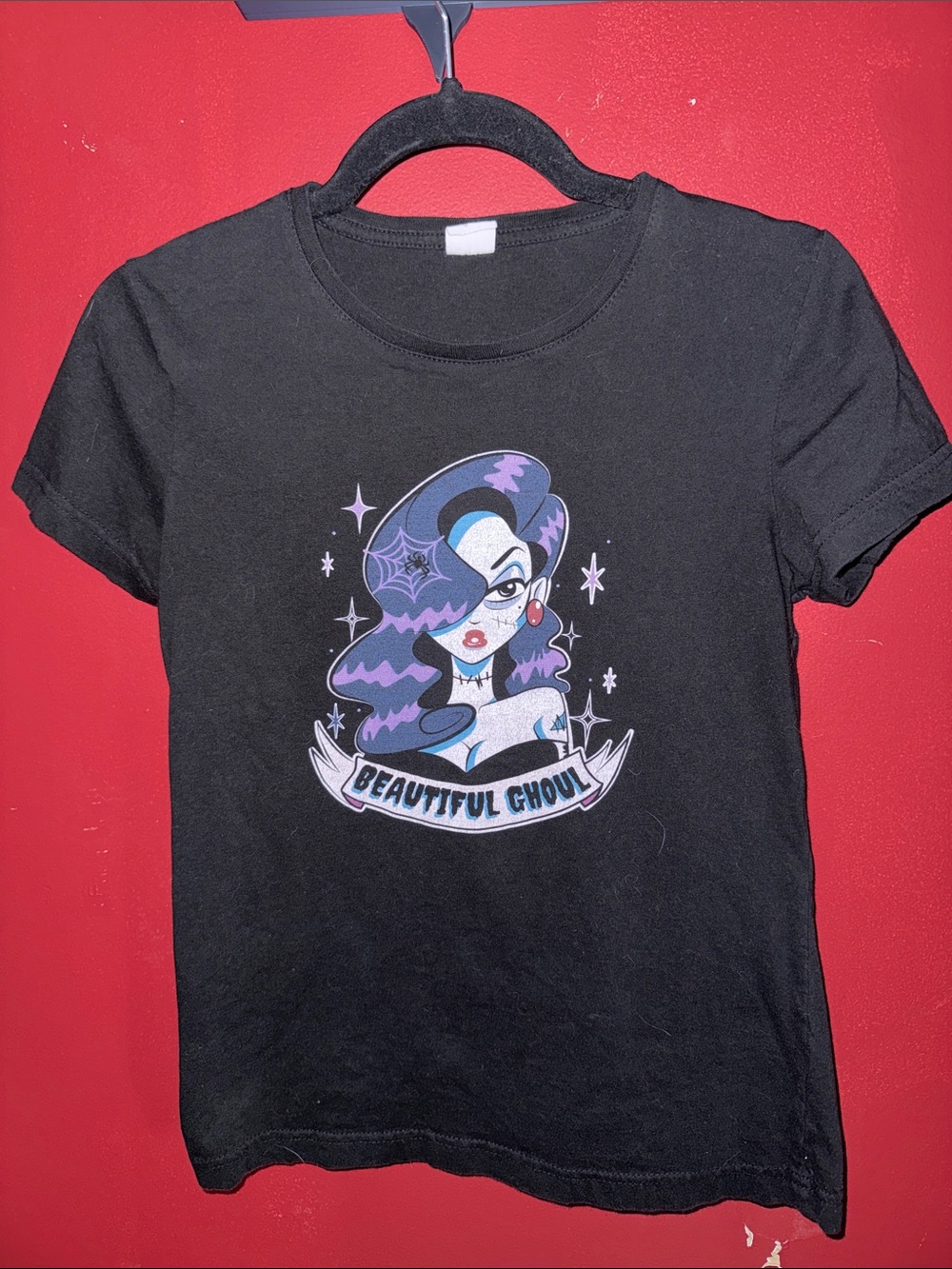 Unique Vintage Beautiful Ghoul Black Graphic Tee with Purple Art